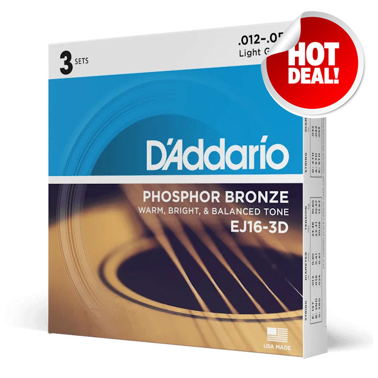D'Addario Phosphor Bronze Light 12-53 6-String Acoustic Guitar Strings 3 Pack