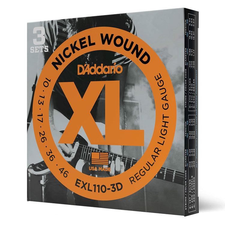 D'Addario XL Nickel EXL110 Regular Light 10-46 6-String Electric Guitar Strings 3 Pack