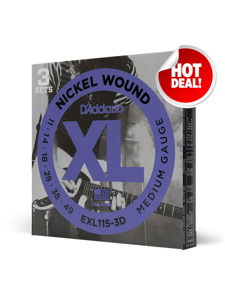 D'Addario XL Nickel EXL115 Medium 11-49 6-String Electric Guitar Strings 3 Pack