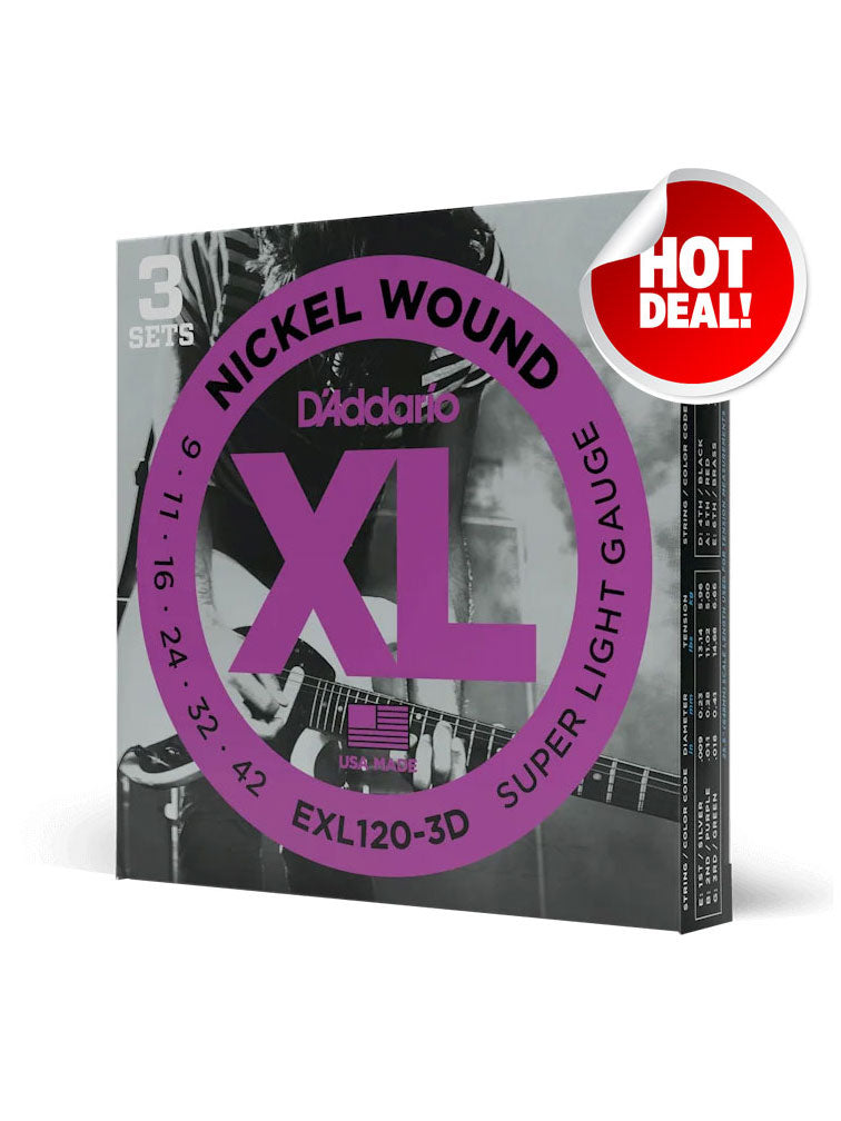 D'Addario XL Nickel EXL120 Super Light 9-42 6-String Electric Guitar Strings 3 Pack
