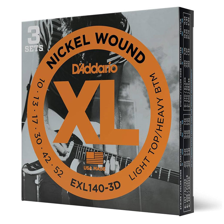 D'Addario XL Nickel EXL140 Light Top/Heavy Bottom 10-52 6-String Electric Guitar Strings 3 Pack