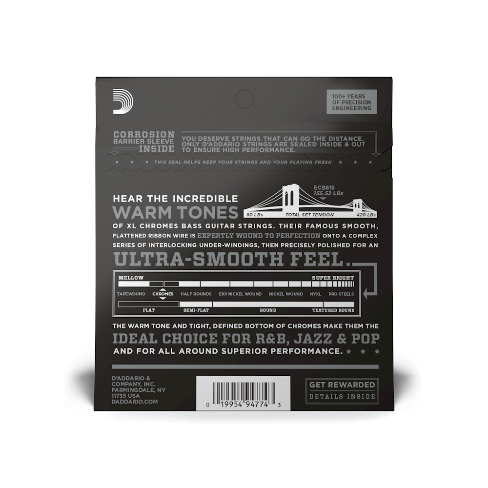 D'Addario ECB81S Chromes Short Scale Flat Wound Bass Strings 45-100