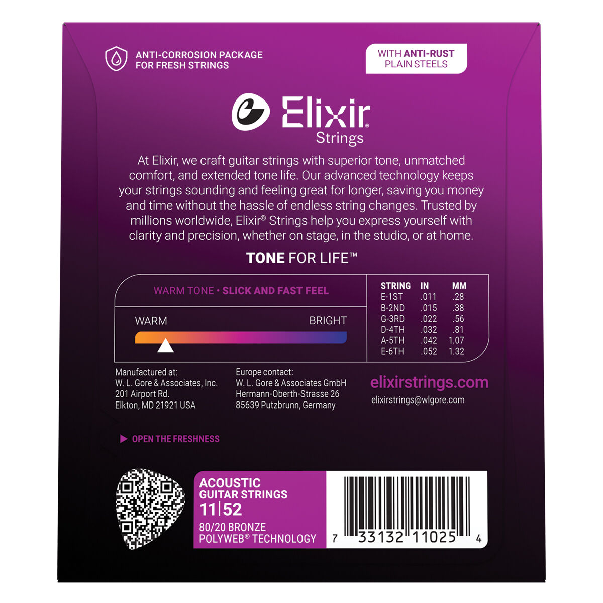 Elixir 80/20 Bronze Nanoweb Custom Light 11-52 6-String Acoustic Guitar Strings