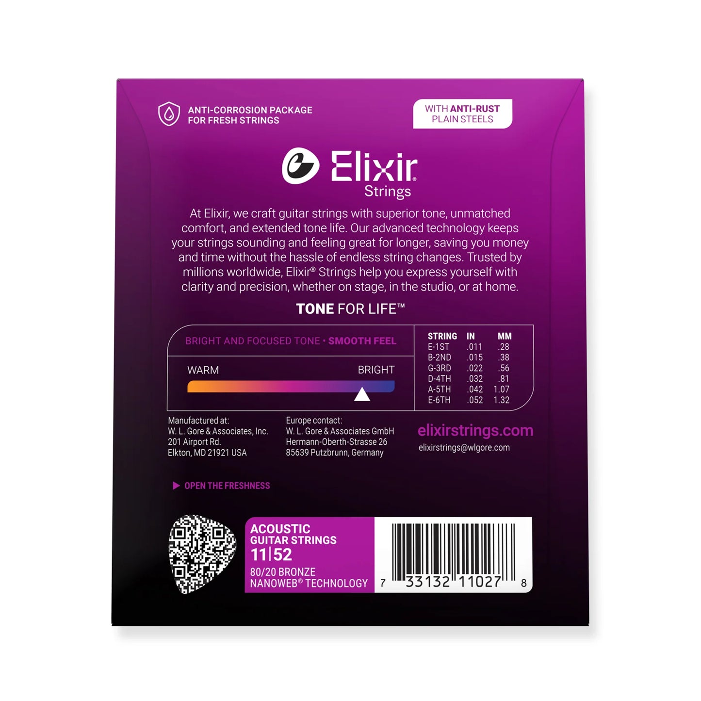 Elixir 80/20 Bronze Nanoweb Custom Light 11-52 6-String Acoustic Guitar Strings