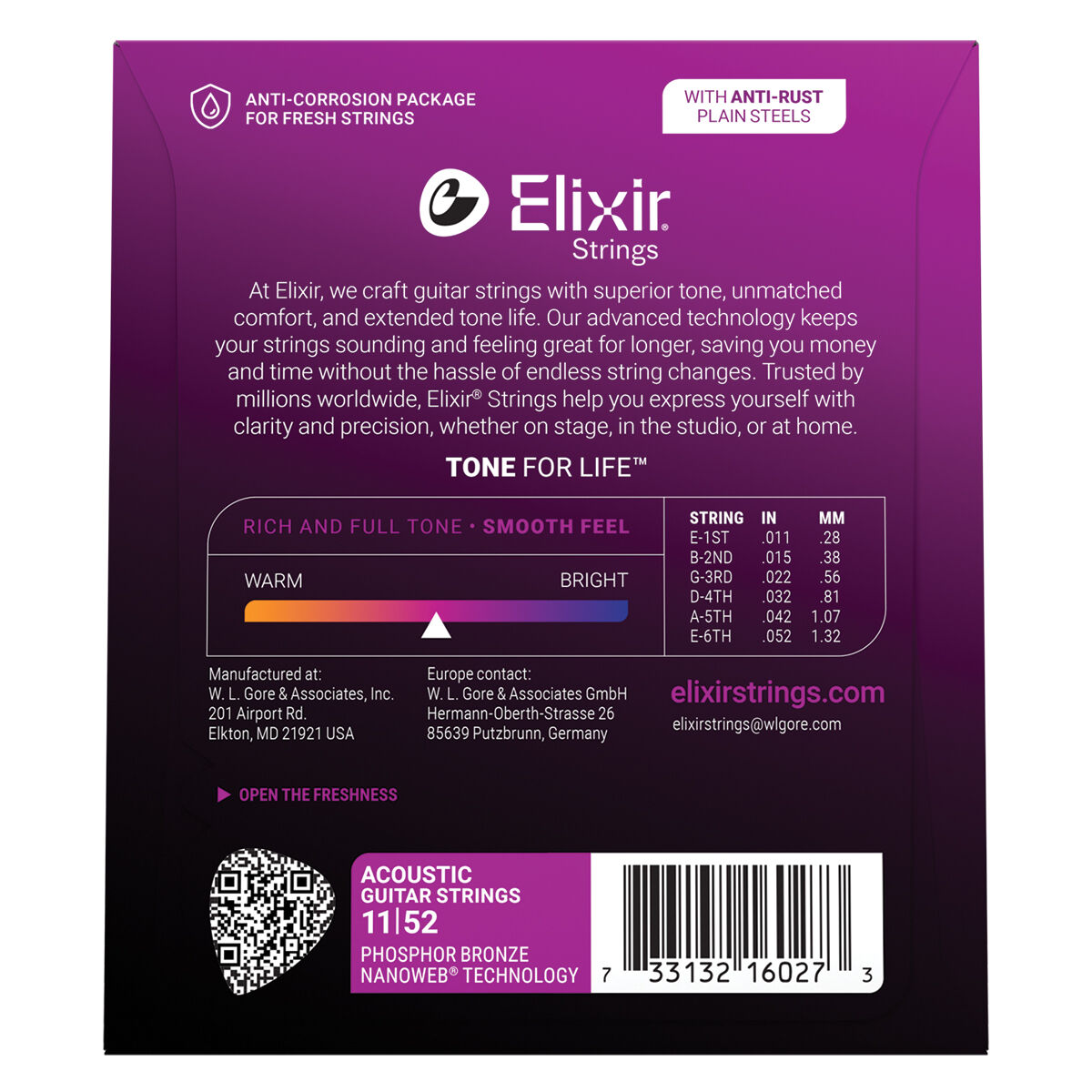 Elixir Phosphor Bronze Nanoweb Custom Light 11-52 6-String Acoustic Guitar Strings