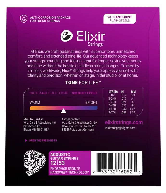Elixir Phosphor Bronze Nanoweb Light 12-53 6-String Acoustic Guitar Strings