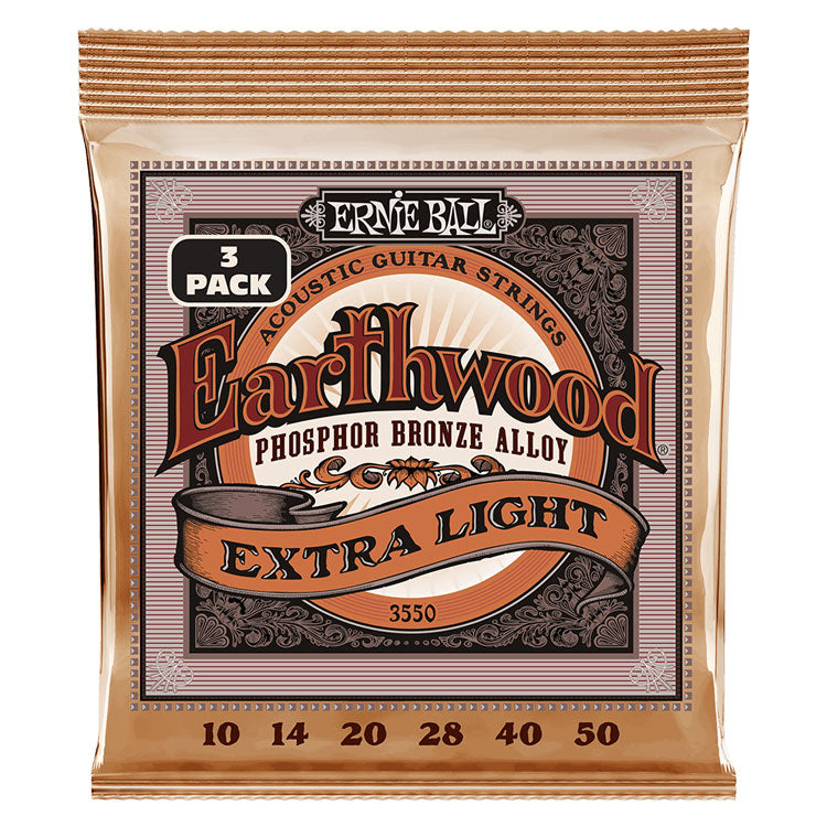 Ernie Ball Earthwood Phosphor Bronze Extra Light 10-50 6-String Acoustic Guitar Strings 3 Pack