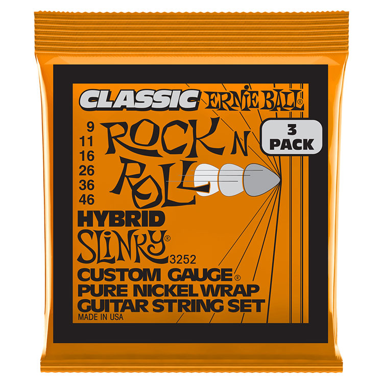 Ernie Ball Hybrid Slinky Classic Rock N Roll 9-46 Pure Nickel Wrap 6-String Electric Guitar Strings 3 Pack