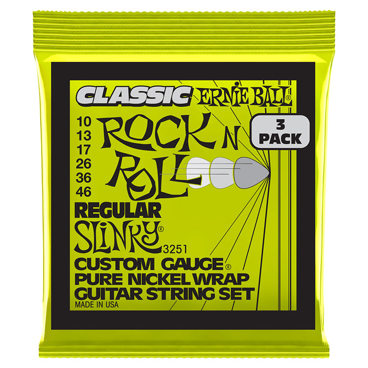Ernie Ball Regular Slinky Classic Rock N Roll 10-46 Pure Nickel Wrap 6-String Electric Guitar Strings 3 Pack
