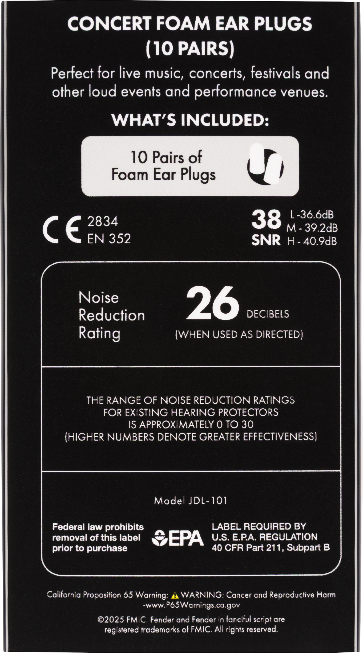 Fender Concert Foam Ear Plugs - 10 Pairs