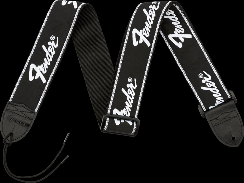 Fender Running Logo Strap, Black/White Logo, 2"