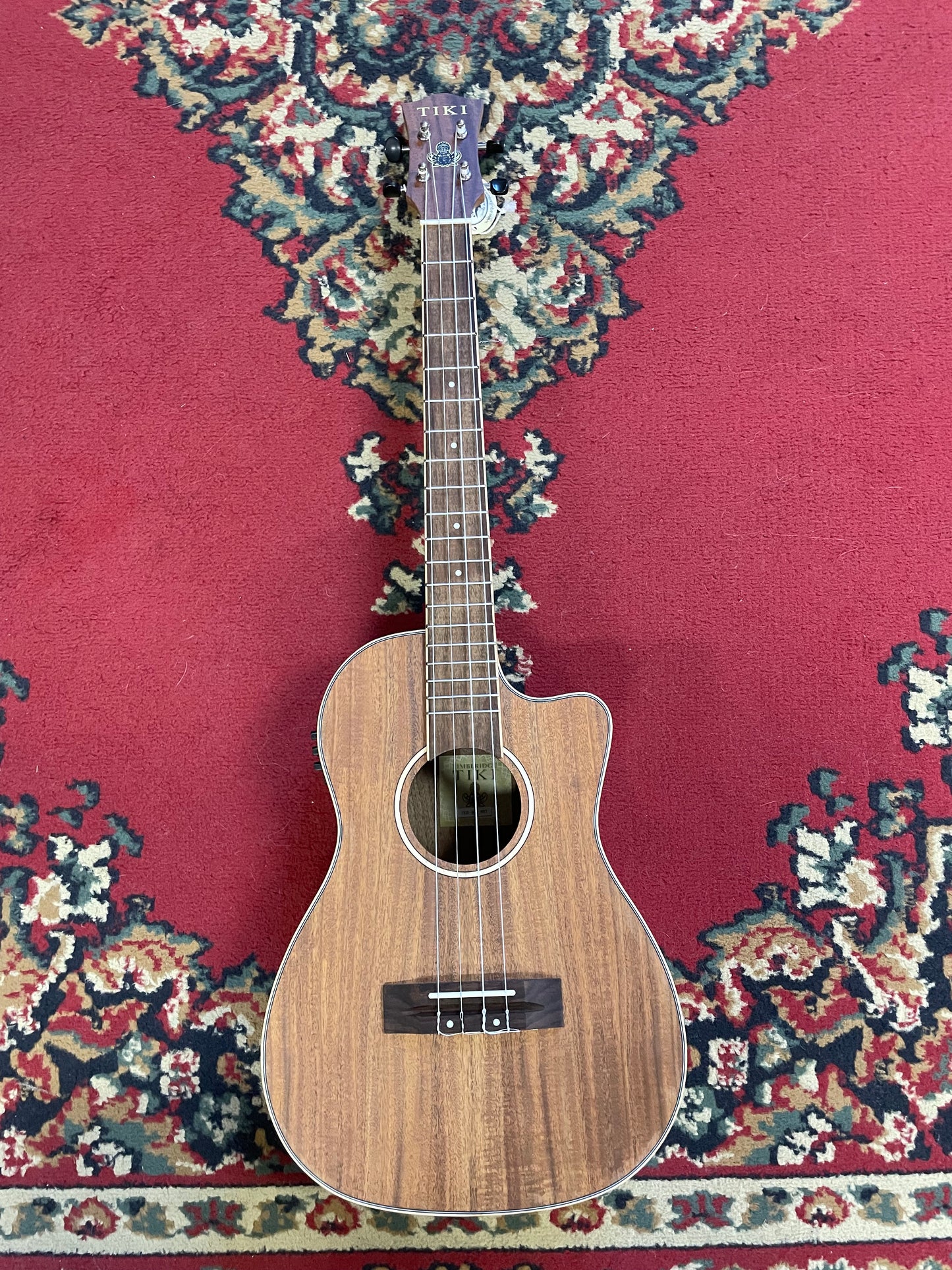 Tiki '9 Series' Koa Solid Top Electric Cutaway Baritone Ukulele w/ Hard Case - Natural Satin