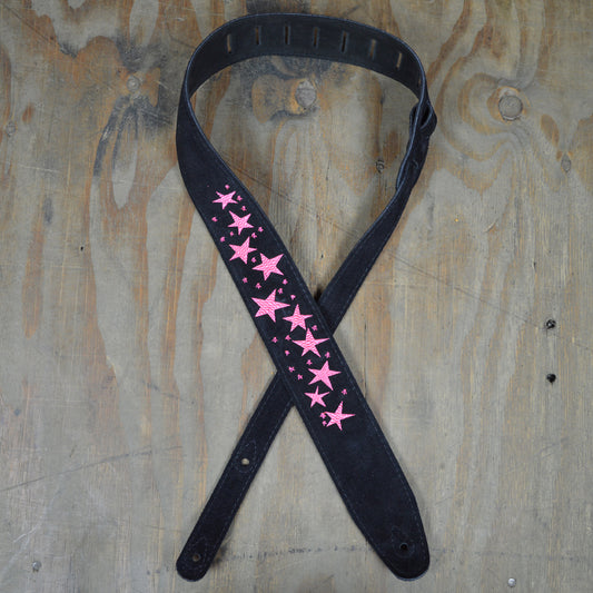 Colonial Leather Guitar Strap - Pink Stars Embroidered Black Suede