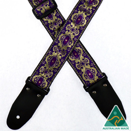 Colonial Leather Guitar Strap - Purple and Gold Jacquard 50mm Webbing