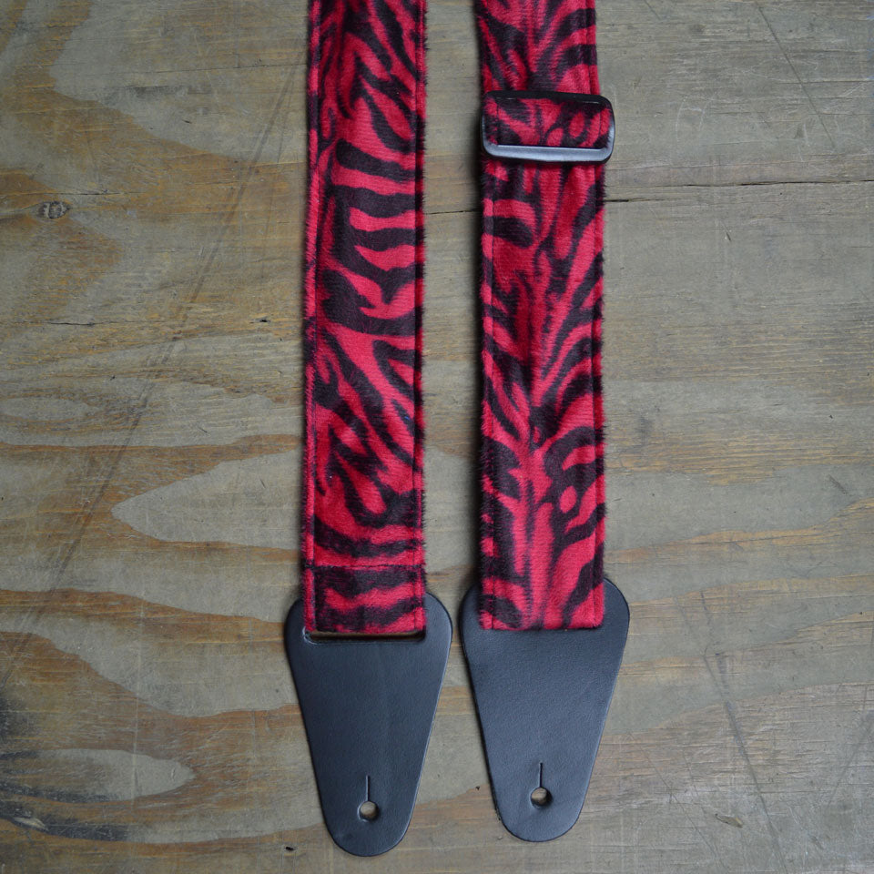 Colonial Leather Guitar Strap - Red and Black Zebra Faux Fur