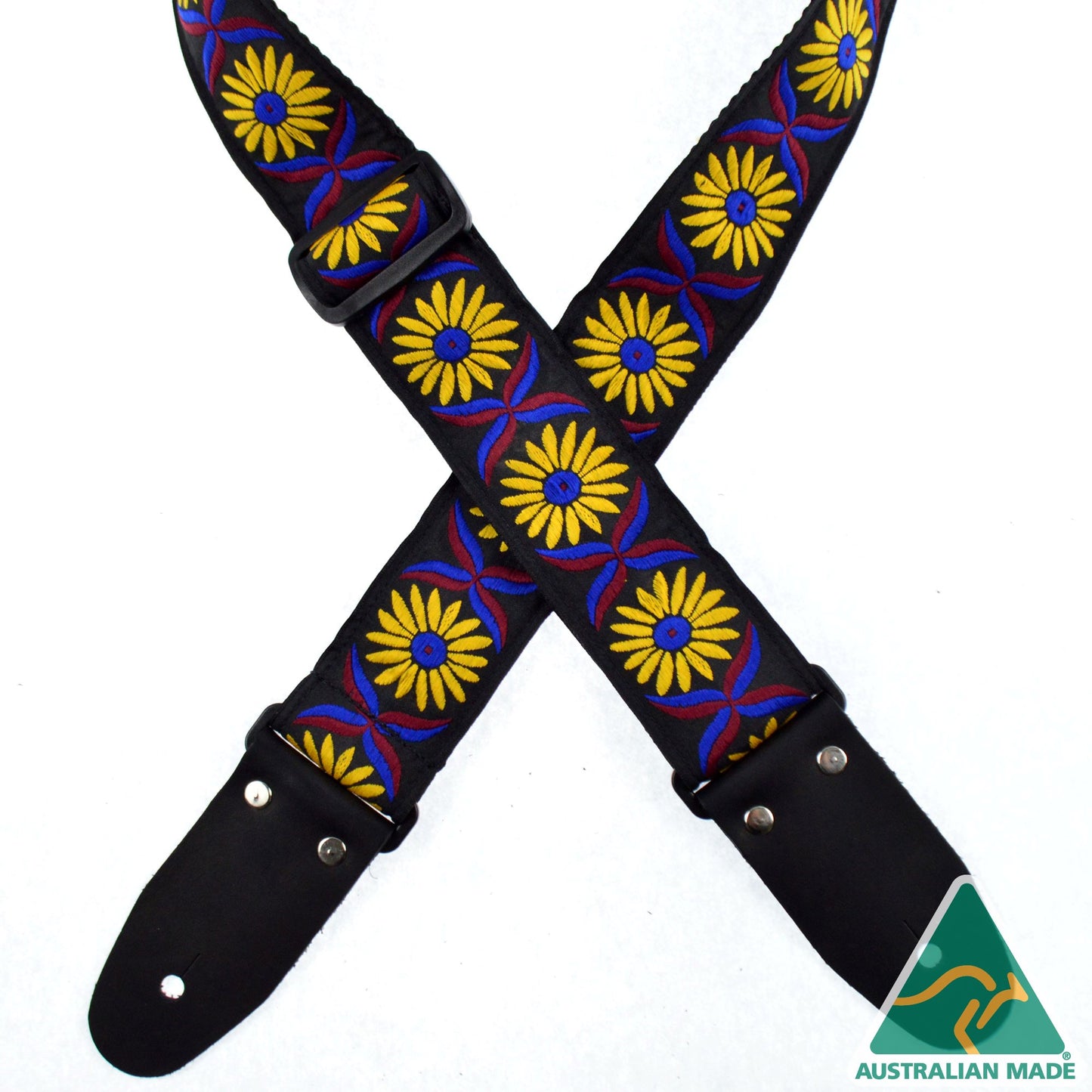 Colonial Leather Guitar Strap - Yellow Daisy Jacquard 50mm Webbing