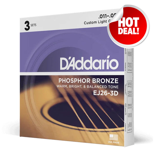 D'Addario Phosphor Bronze Custom Light 11-52 6-String Acoustic Guitar Strings 3 Pack
