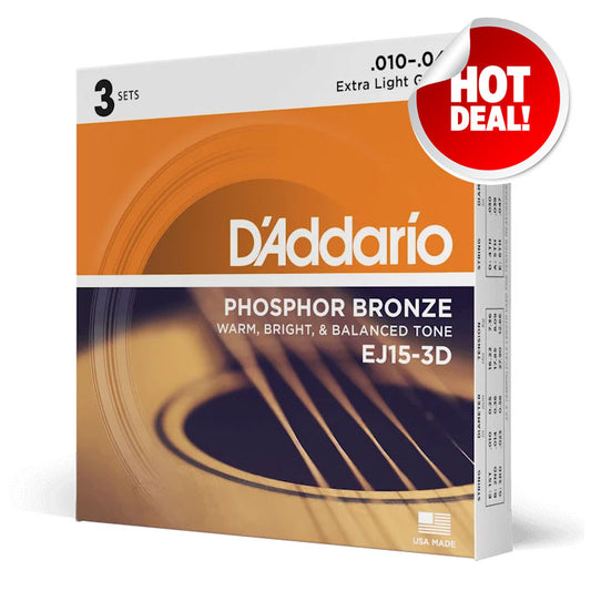 D'Addario Phosphor Bronze Extra Light 10-47 6-String Acoustic Guitar Strings 3 Pack