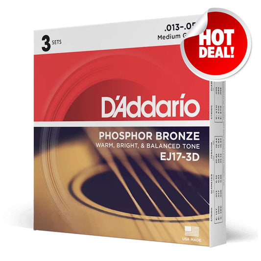 D'Addario Phosphor Bronze Medium 13-56 6-String Acoustic Guitar Strings 3 Pack