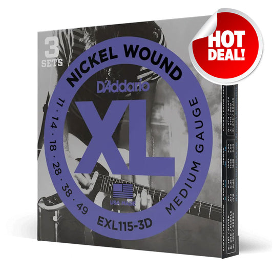 D'Addario XL Nickel EXL115 Medium 11-49 6-String Electric Guitar Strings 3 Pack