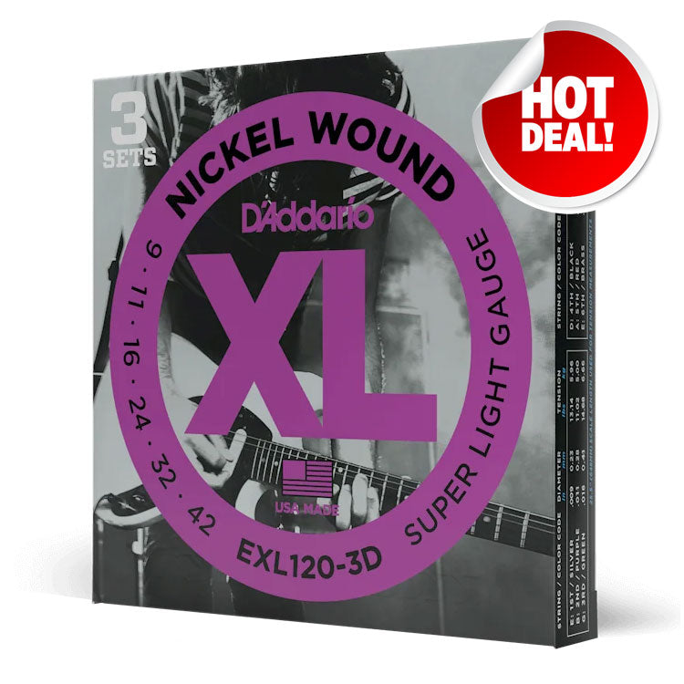 D'Addario XL Nickel EXL120 Super Light 9-42 6-String Electric Guitar Strings 3 Pack