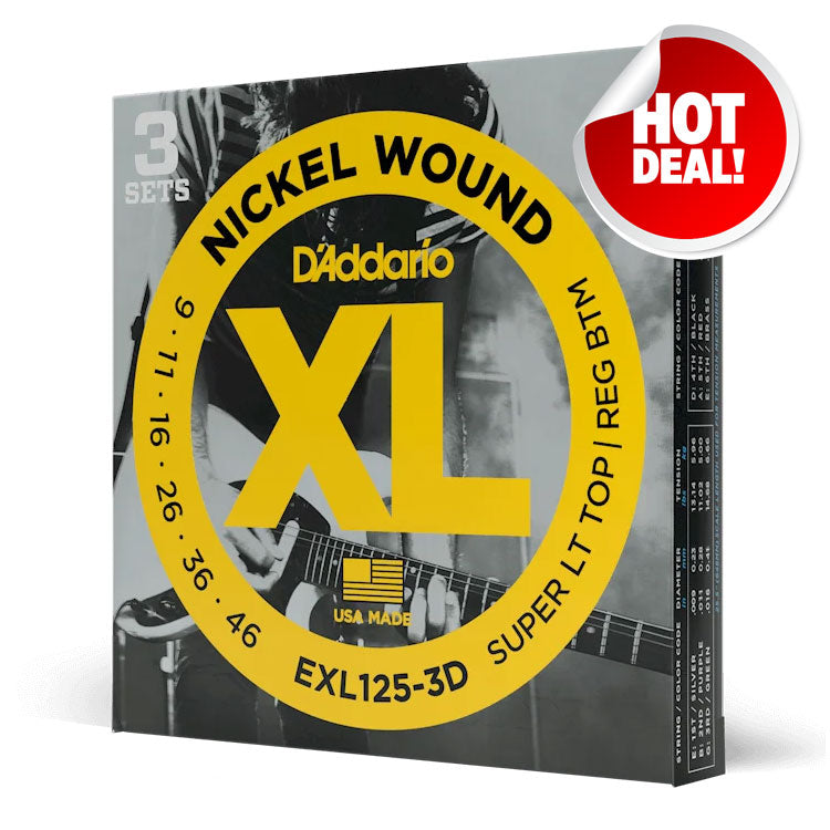 D'Addario XL Nickel EXL125 Super Light Top/Regular Bottom 9-46 6-String Electric Guitar Strings 3 Pack
