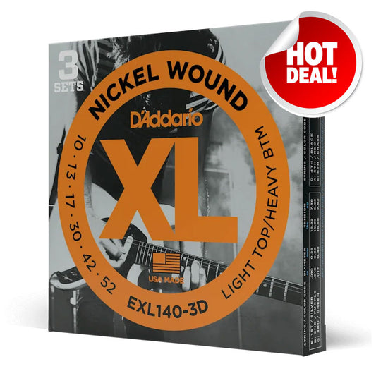 D'Addario XL Nickel EXL140 Light Top/Heavy Bottom 10-52 6-String Electric Guitar Strings 3 Pack