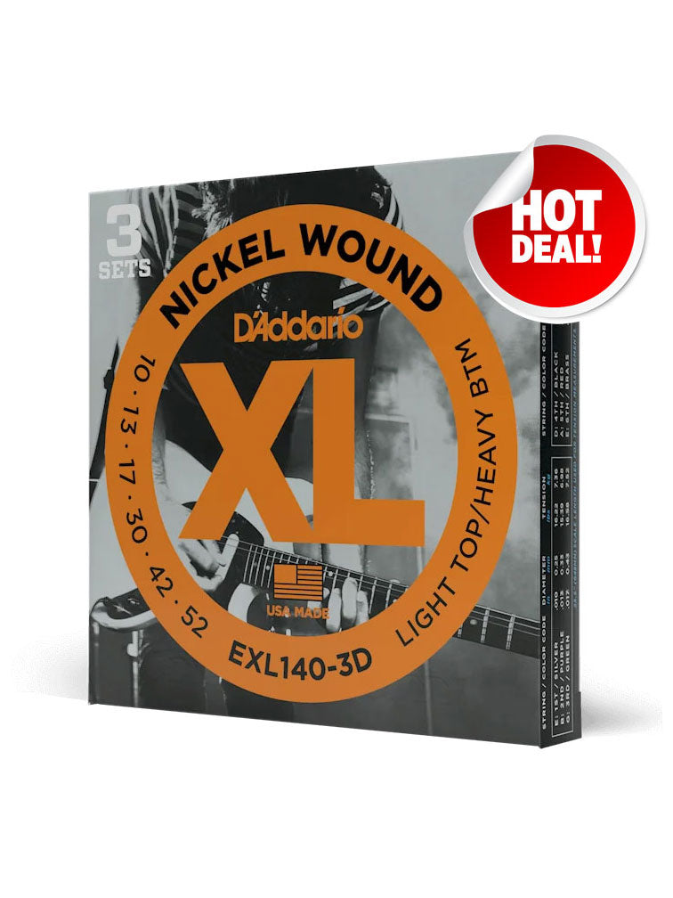 D'Addario XL Nickel EXL140 Light Top/Heavy Bottom 10-52 6-String Electric Guitar Strings 3 Pack