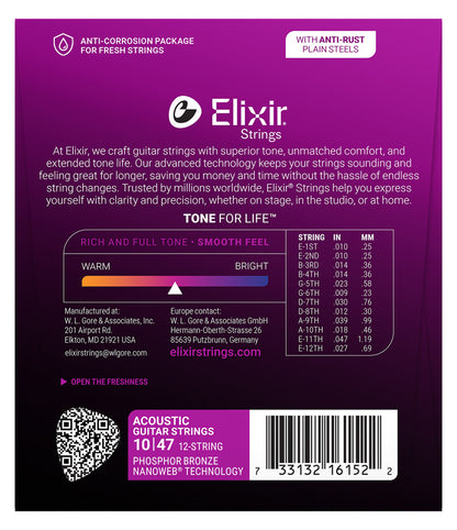 Elixir 12-String Nanoweb Phosphor Bronze Light Acoustic Guitar Strings (10-47)