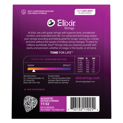 Elixir 80/20 Bronze Nanoweb Custom Light 11-52 6-String Acoustic Guitar Strings