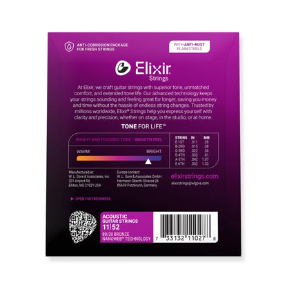 Elixir 80/20 Bronze Nanoweb Custom Light 11-52 6-String Acoustic Guitar Strings