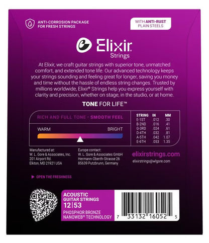 Elixir Phosphor Bronze Nanoweb Light 12-53 6-String Acoustic Guitar Strings