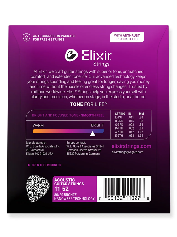 Elixir 80/20 Bronze Nanoweb Custom Light 11-52 6-String Acoustic Guitar Strings