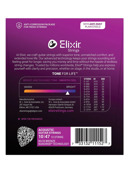 Elixir 80/20 Bronze Nanoweb Extra Light 10-47 6-String Acoustic Guitar Strings