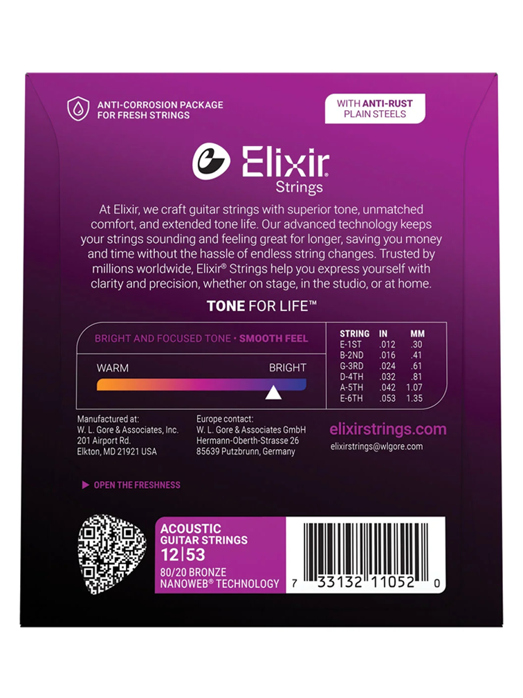 Elixir 80/20 Bronze Nanoweb Light 12-53 6-String Acoustic Guitar Strings