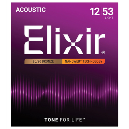 Elixir 80/20 Bronze Nanoweb Light 12-53 6-String Acoustic Guitar Strings