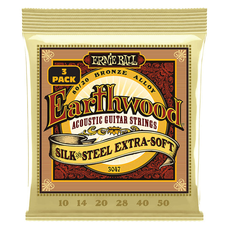 Ernie Ball Earthwood 80/20 Bronze Silk and Steel Extra Soft 10-50 6-String Acoustic Guitar Strings 3 Pack