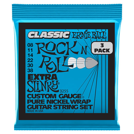 Ernie Ball Extra Slinky Classic Rock N Roll 8-38 Pure Nickel Wrap 6-String Electric Guitar Strings 3 Pack
