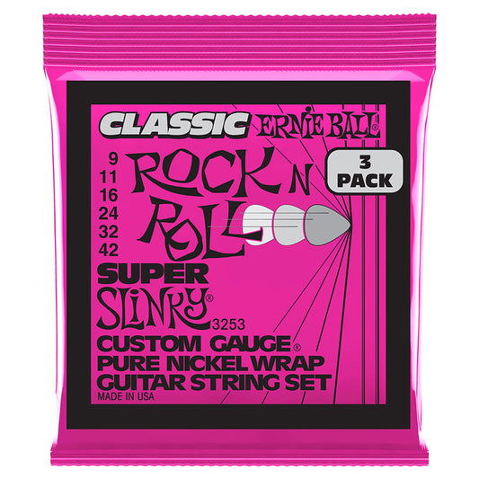 Ernie Ball Super Slinky Classic Rock N Roll 9-42 Pure Nickel Wrap 6-String Electric Guitar Strings 3 Pack