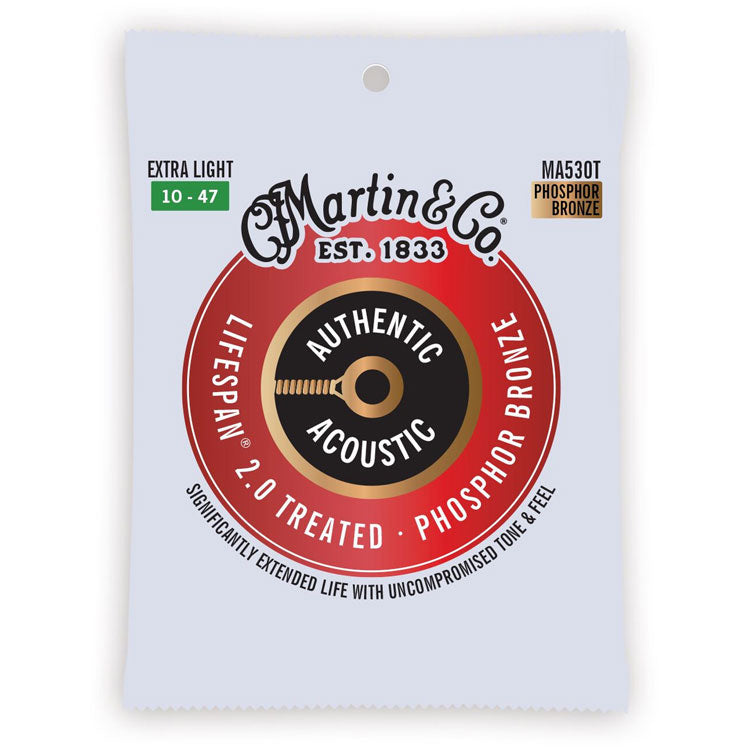 Martin Authentic Acoustic Lifespan 2.0 Phosphor Bronze Extra Light 10-47 6-String Acoustic Guitar Strings