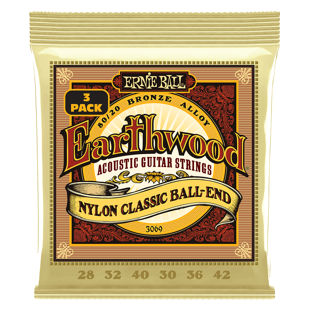 Ernie Ball Earthwood Folk Nylon, Clear and Gold w/Ball End, 8020 Brnz Ac Gtr Strings 3 Pk 28-42