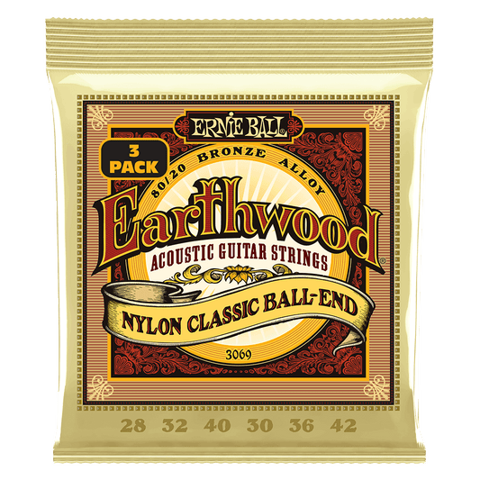 Ernie Ball Earthwood Folk Nylon, Clear and Gold w/Ball End, 8020 Brnz Ac Gtr Strings 3 Pk 28-42